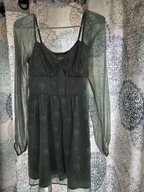 Hollister Dresses & Skirts - Hollister Olive Green Sheer Long-Sleeve Floral Babydoll Dress with Tie Front